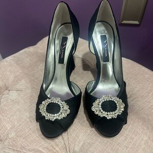 Elegant Black Peep-Toe Heels with Crystal Embellishment